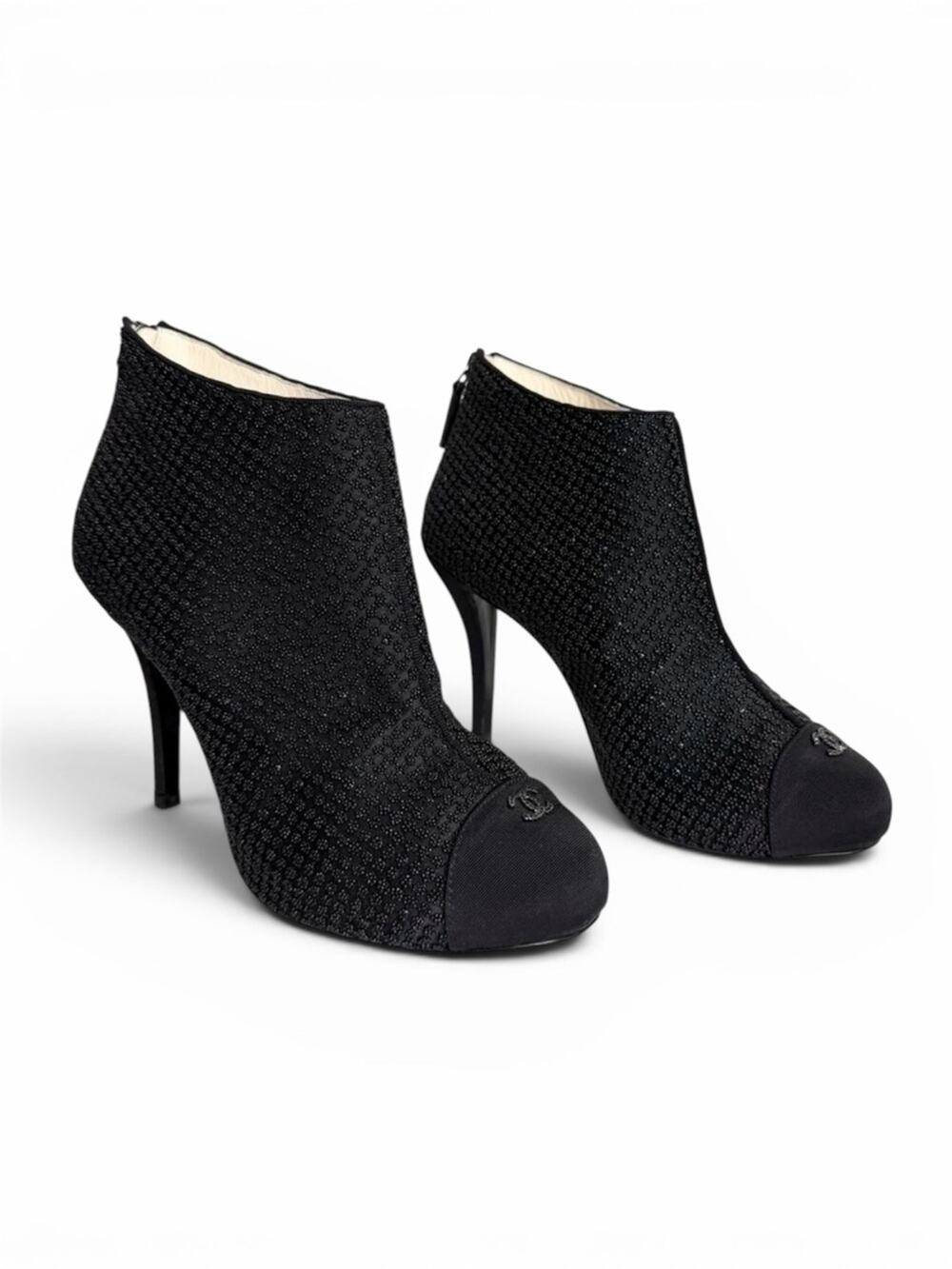 Chanel Beaded Ankle Booties Black Cap Toe Heels 38.5 CC Logo